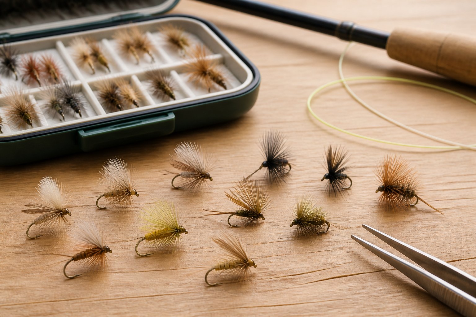 A selection of dry fishing flies arranged beside an open fly box and fishing tools on a wooden table.