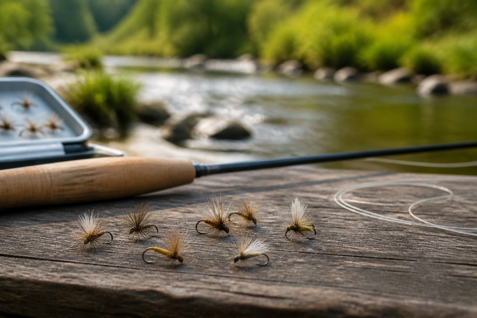 Dry fishing flies arranged beside a fly rod and open fly box near a blurred trout stream.