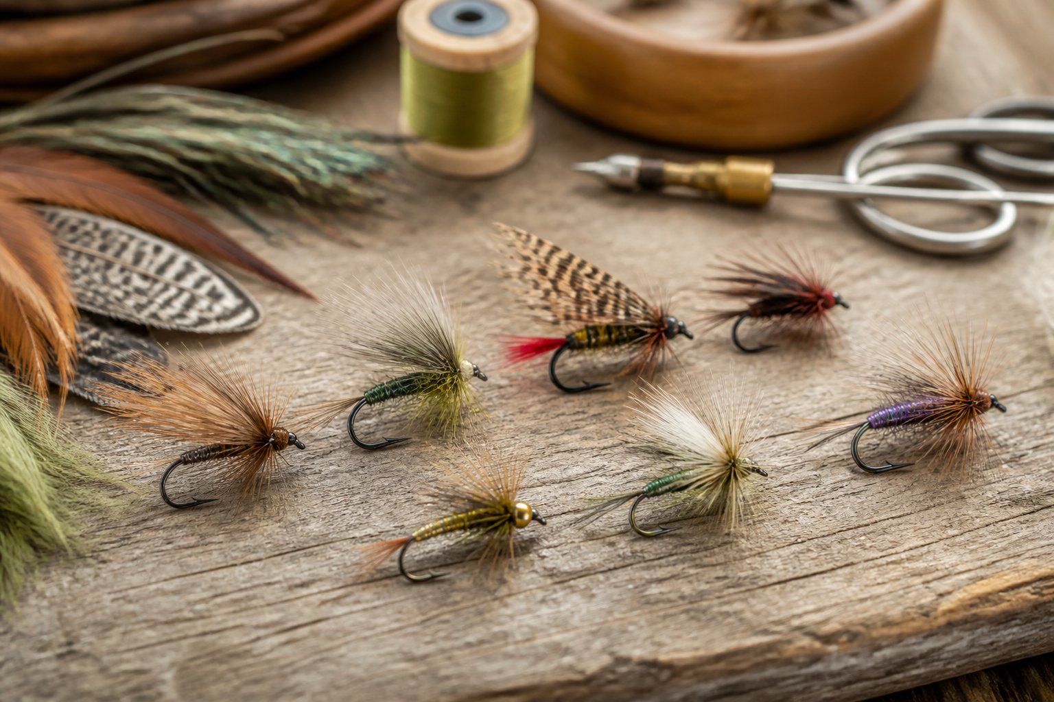 A selection of colorful rainbow trout fishing flies arranged on a wooden workbench.