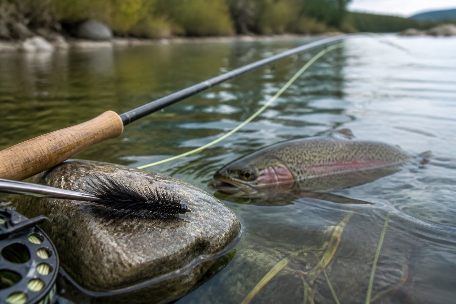 A rainbow trout near the surface of a rippled lake beside a Woolly Bugger fly and fly-fishing gear.