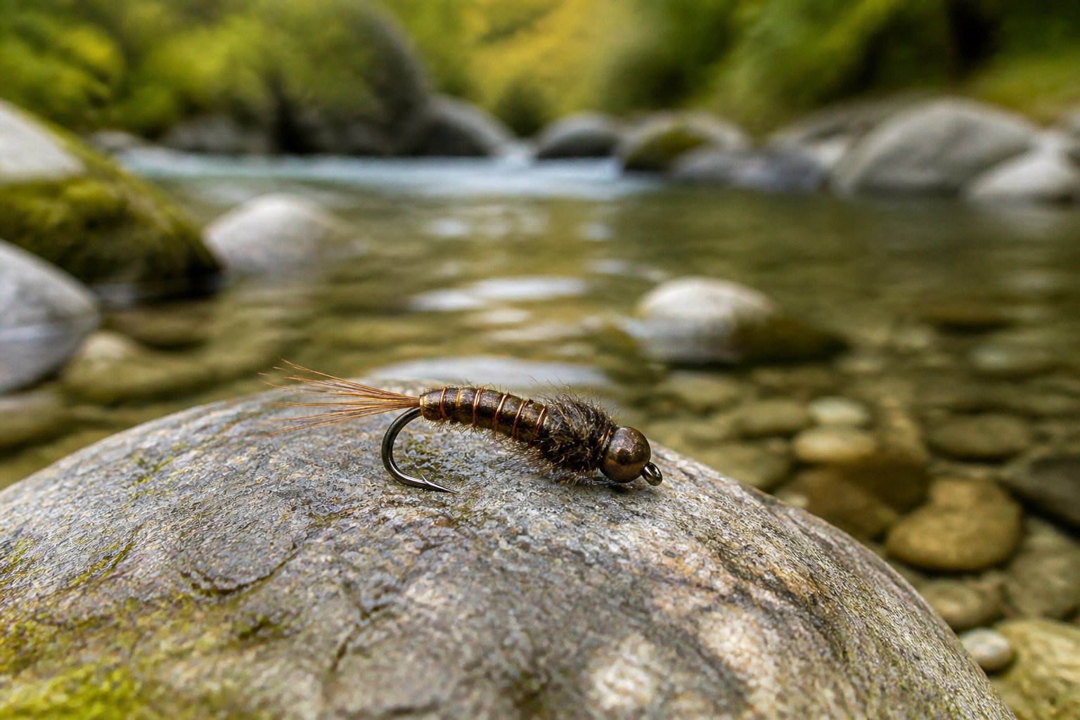 A Pheasant Tail Nymph fishing fly resting on a stone beside a clear mountain stream.