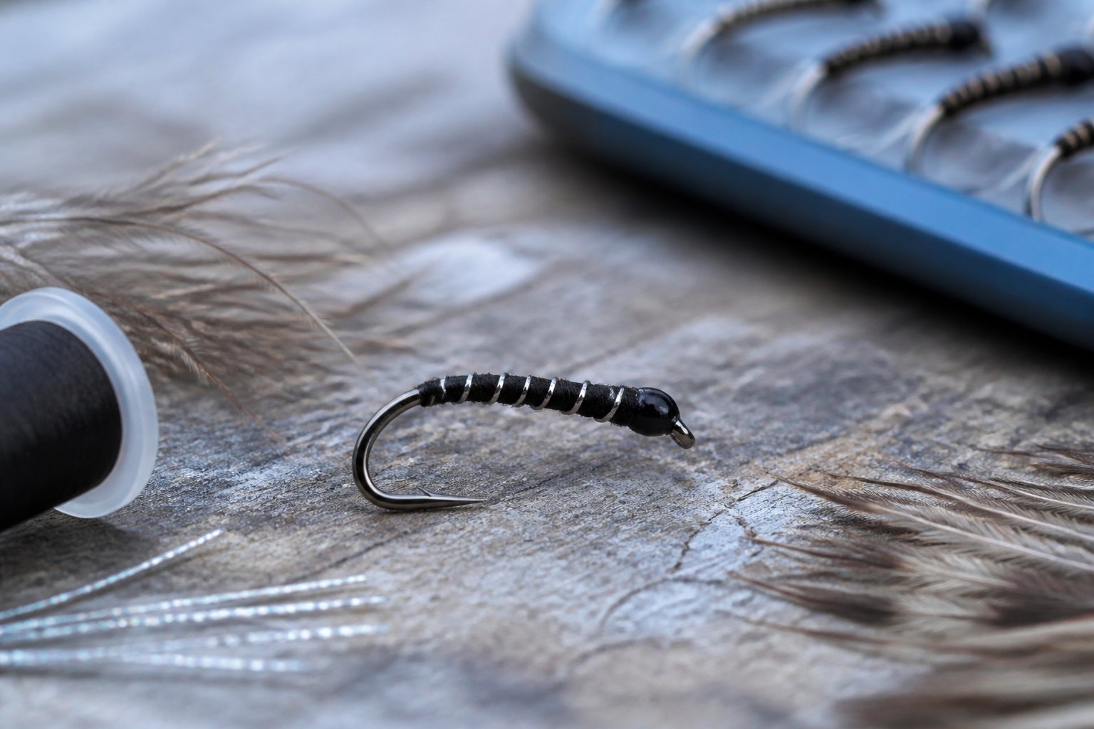 A small black-and-silver midge fishing fly rests on a weathered tying surface beside delicate fly-tying materials.