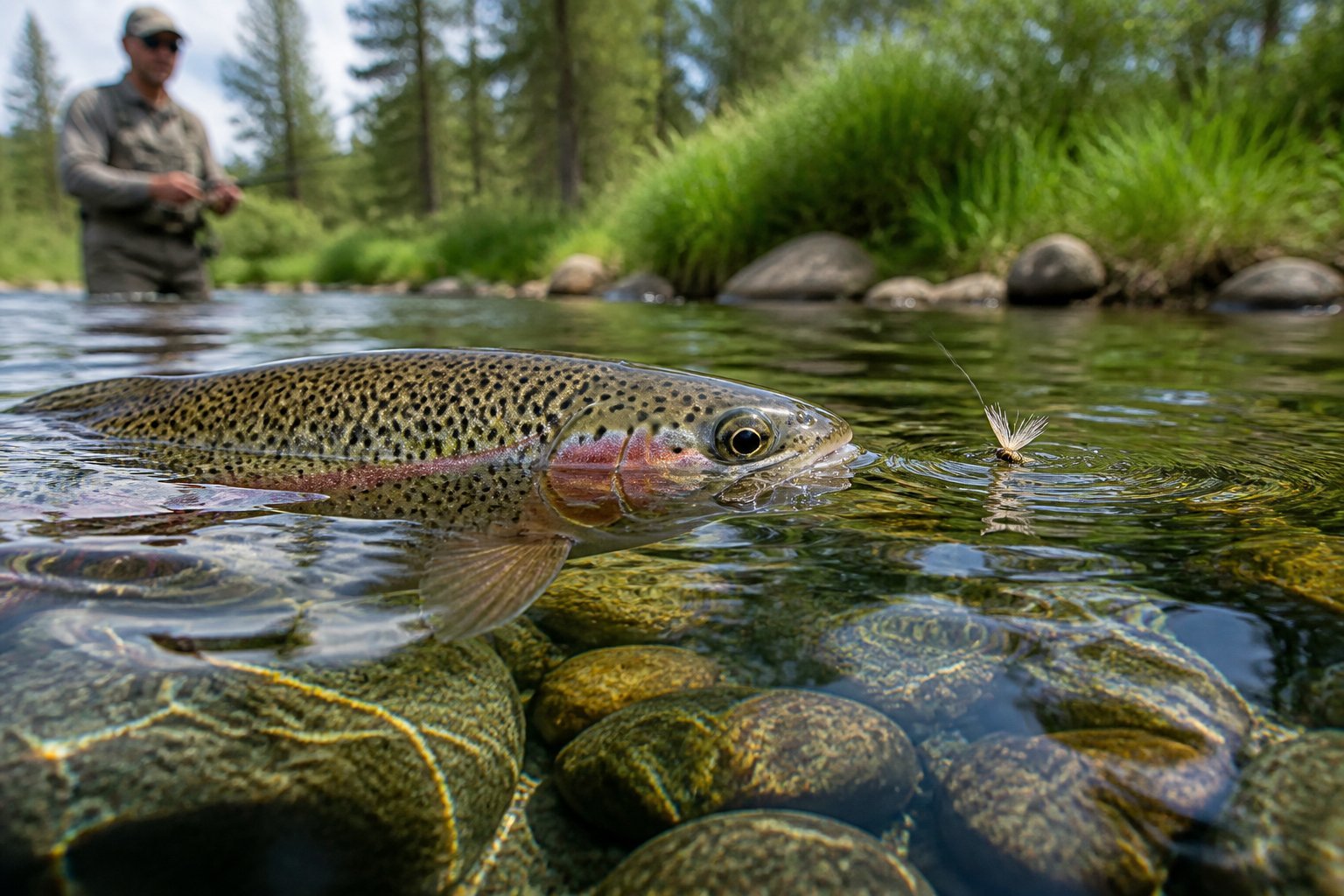 A rainbow trout rises toward a dry fly on the surface of a clear summer river.