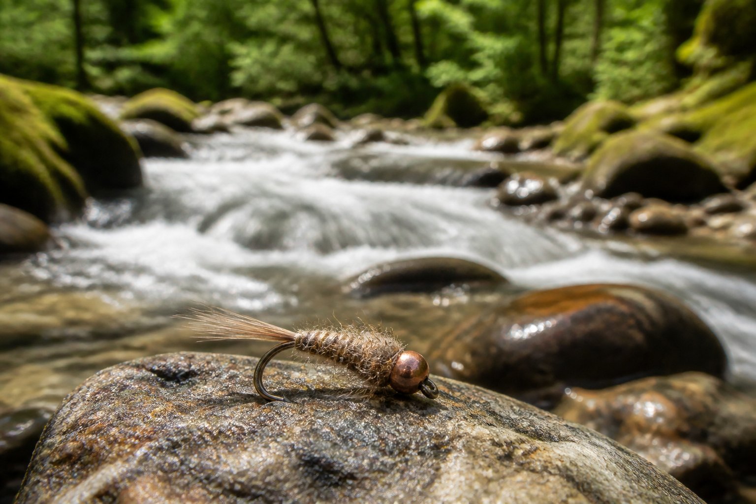 A Hare’s Ear nymph fly rests on a stone beside a fast-flowing mountain stream.