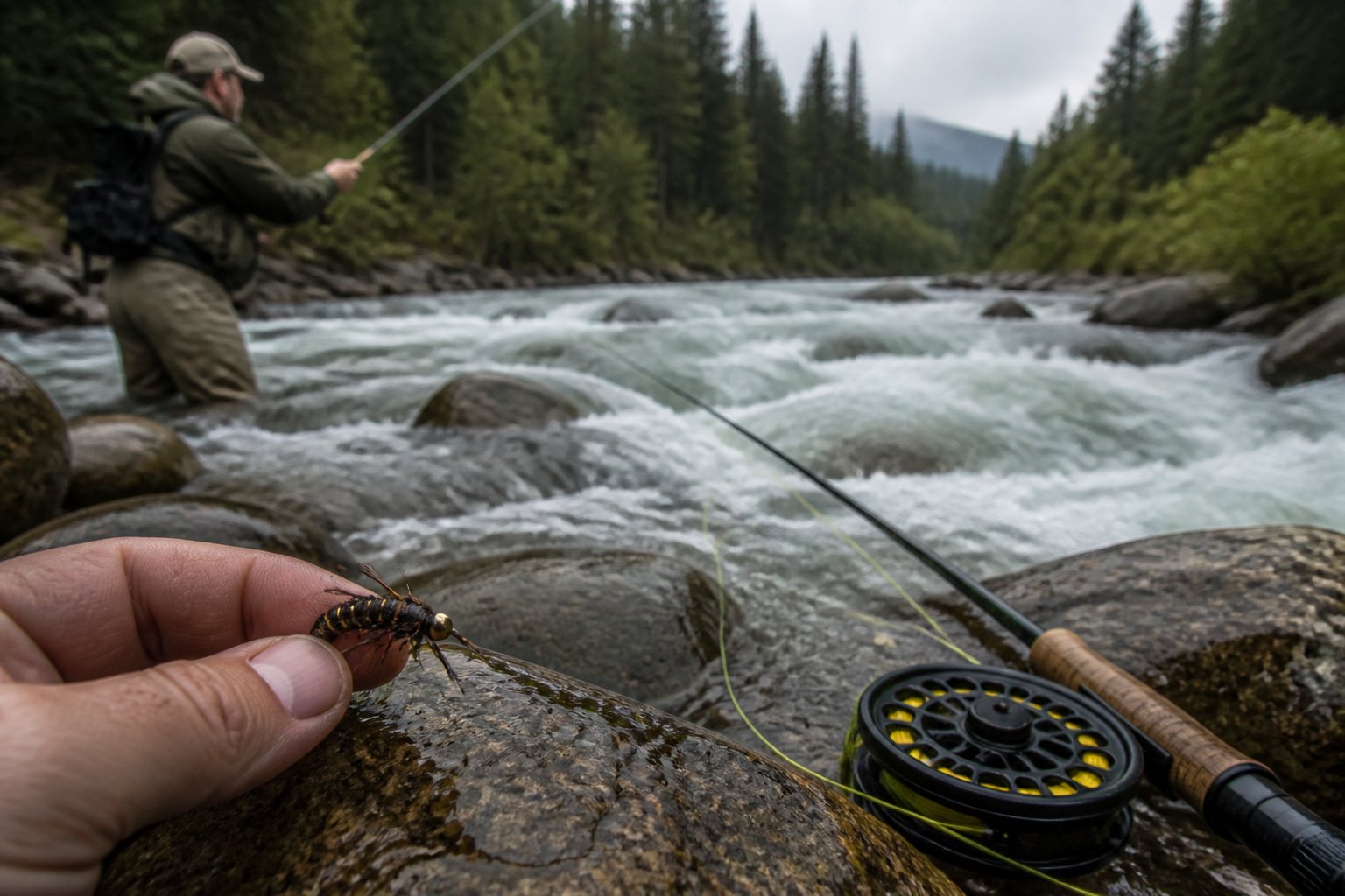 A fly fisher presents a rubber-legged nymph beside a fast-flowing mountain stream.