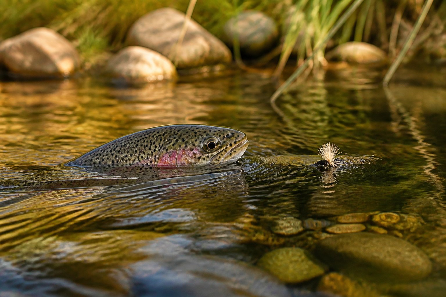 A rainbow trout rises toward an Elk Hair Caddis fly on a clear mountain stream at sunset.