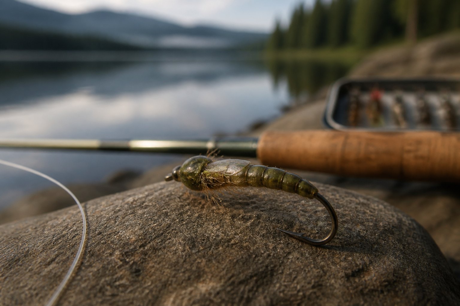 A detailed chironomid pupa fishing fly beside a calm freshwater lake with fishing gear in the background.