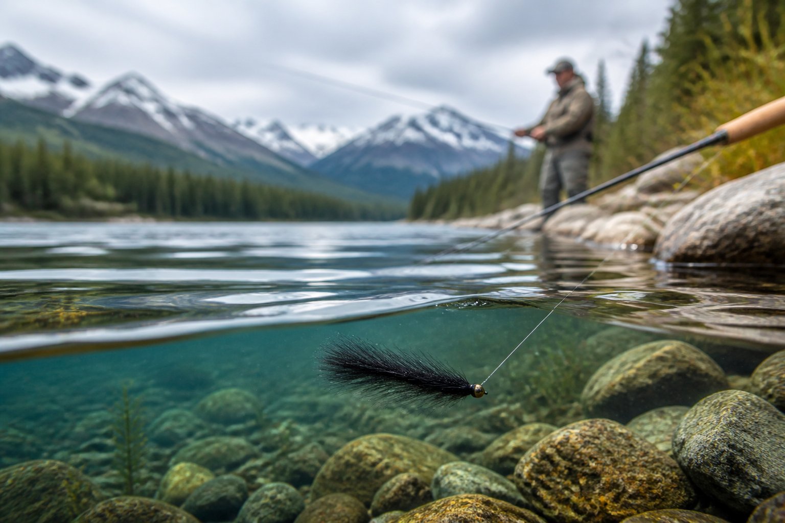 A balanced leech fishing fly hangs below the surface of a clear mountain lake near a rocky shore.