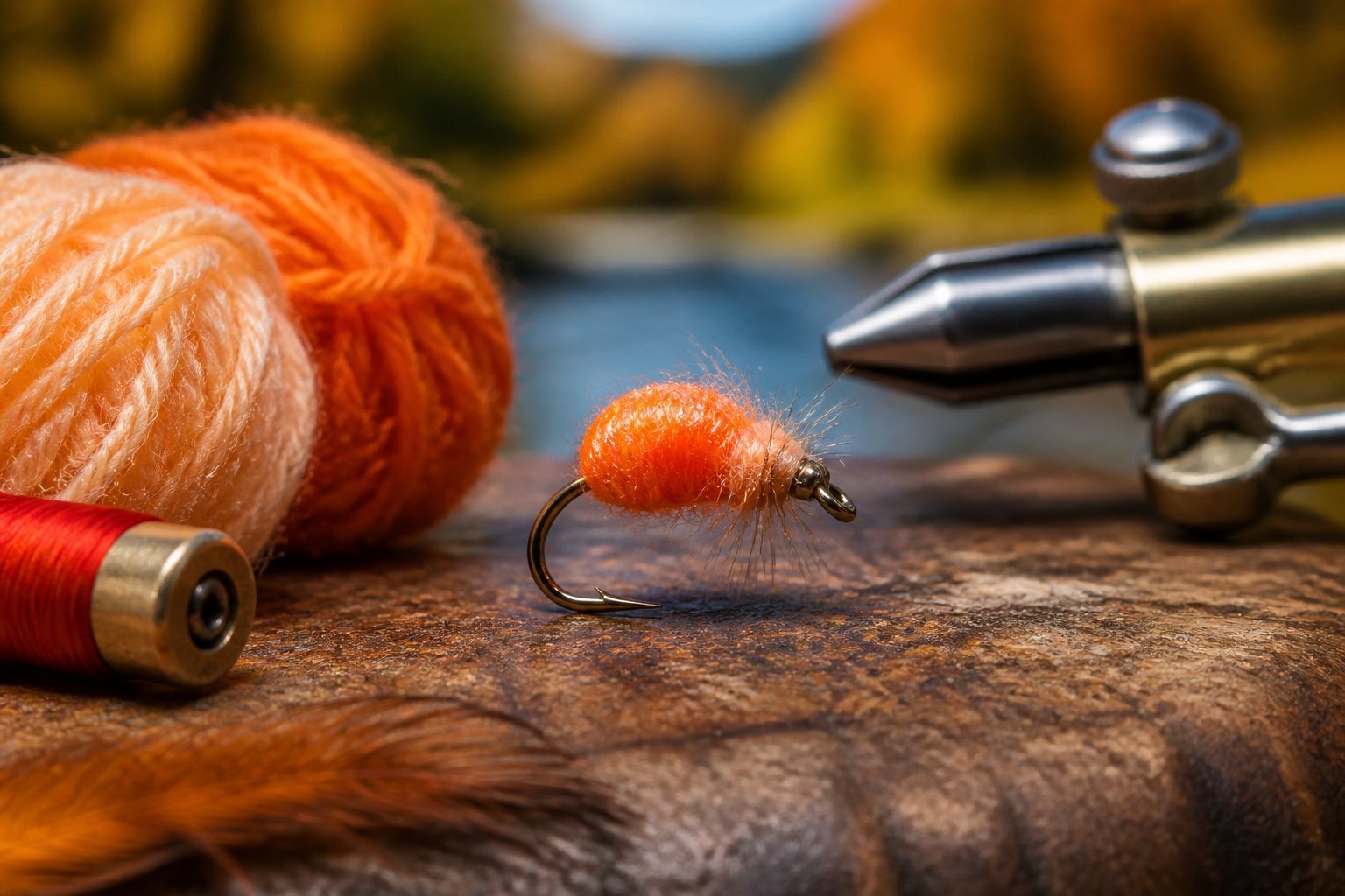 A brightly colored egg-pattern fishing fly rests beside fly-tying materials in warm autumn light.