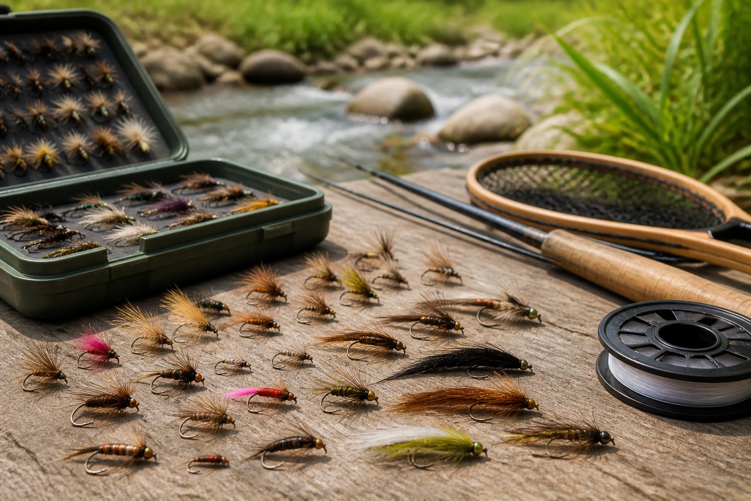 A selection of rainbow trout fishing flies arranged beside fishing gear near a mountain stream.