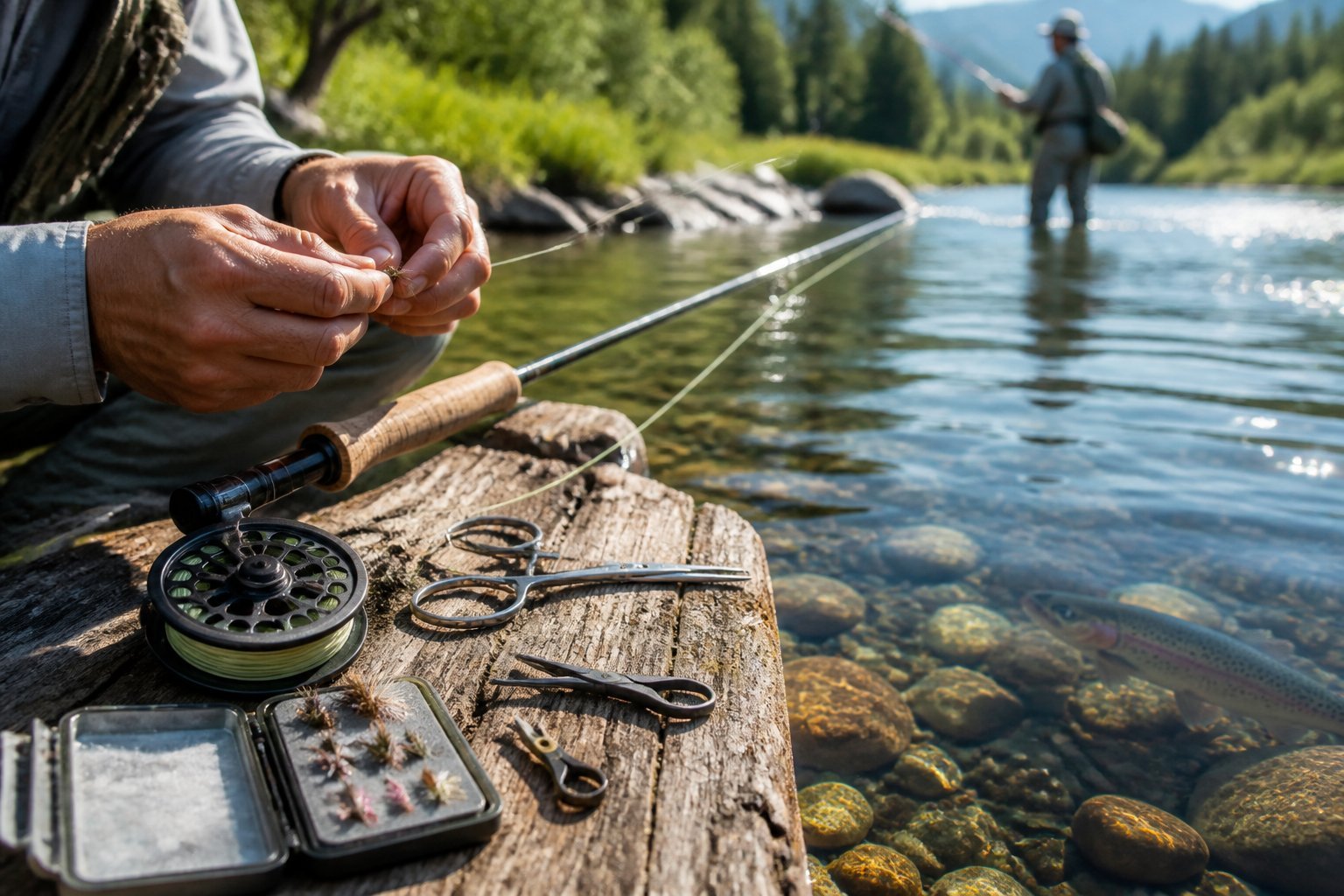 Fly-fishing gear and trout flies arranged beside a clear mountain stream while an angler attaches a fly.
