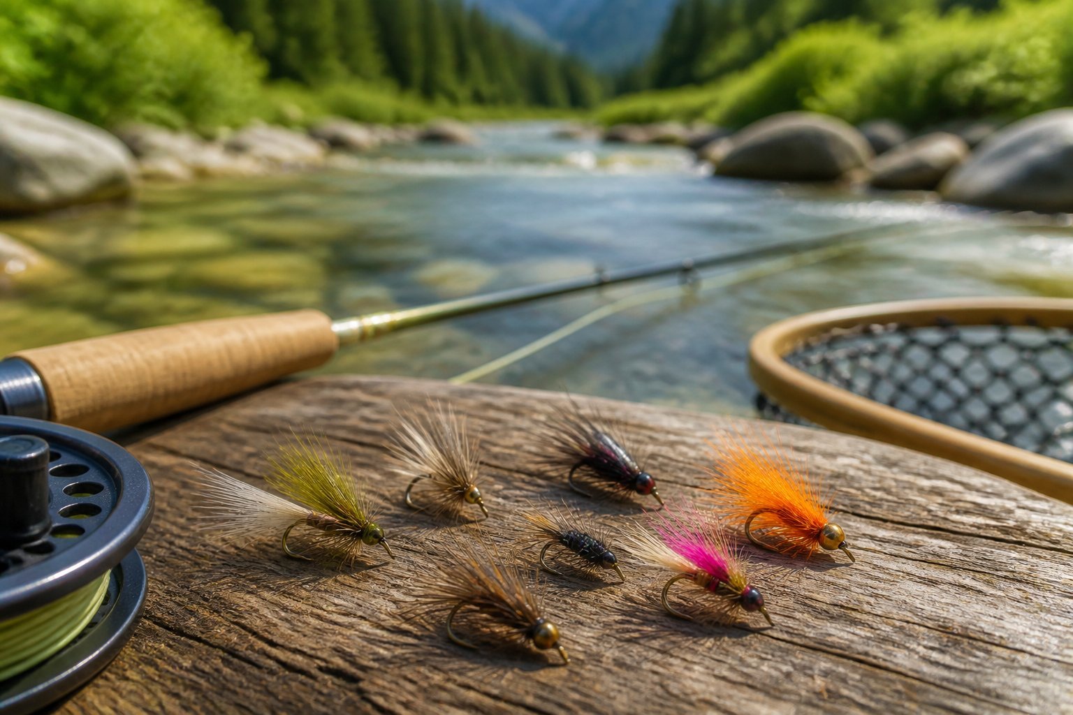 Colorful rainbow trout fishing flies arranged beside fly-fishing equipment near a clear mountain stream.