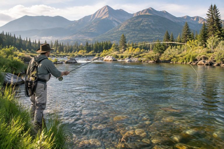 An angler fly fishing for a brown trout in a clear mountain river.