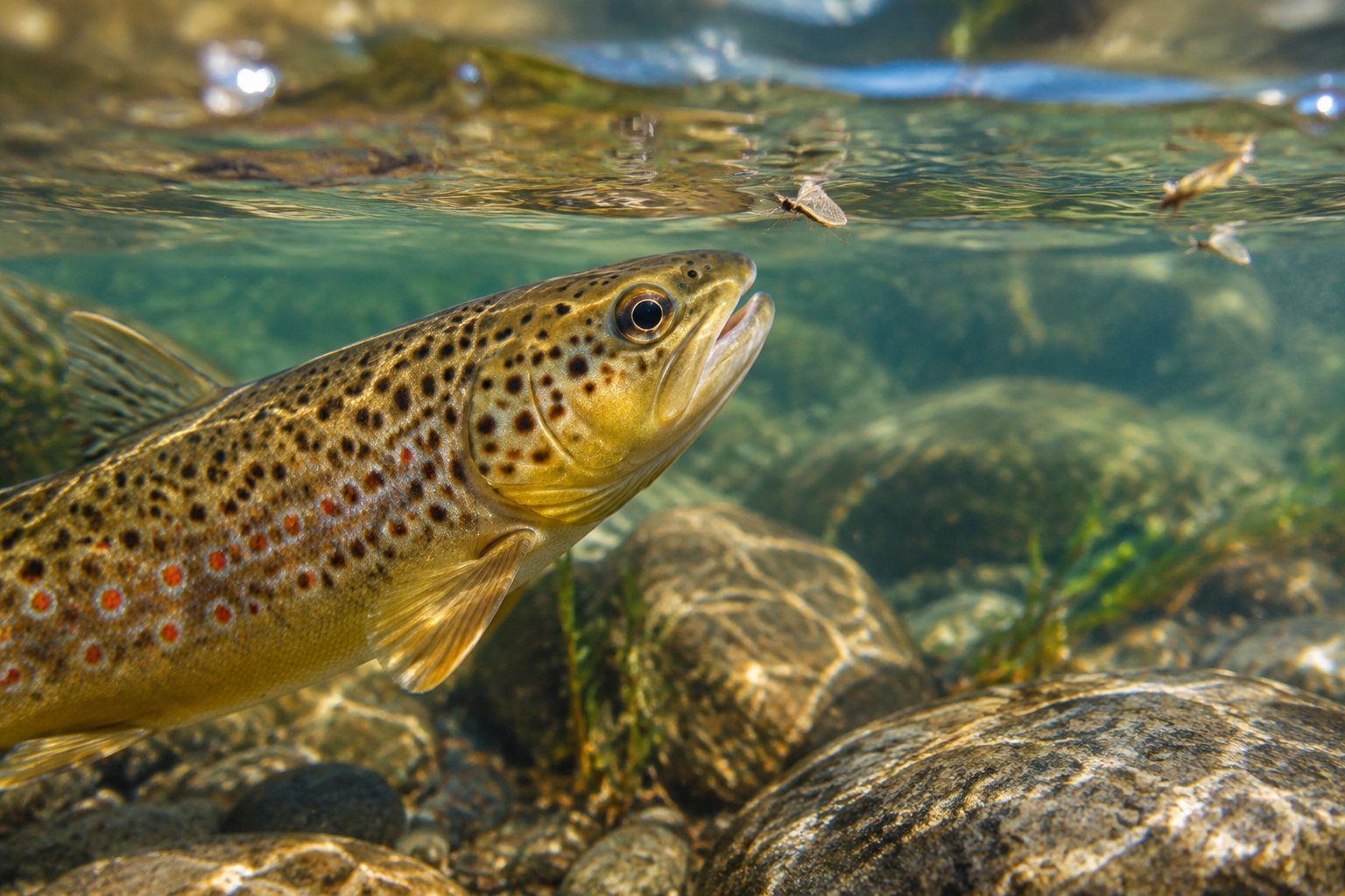 A brown trout examines a small aquatic insect in a clear mountain stream.