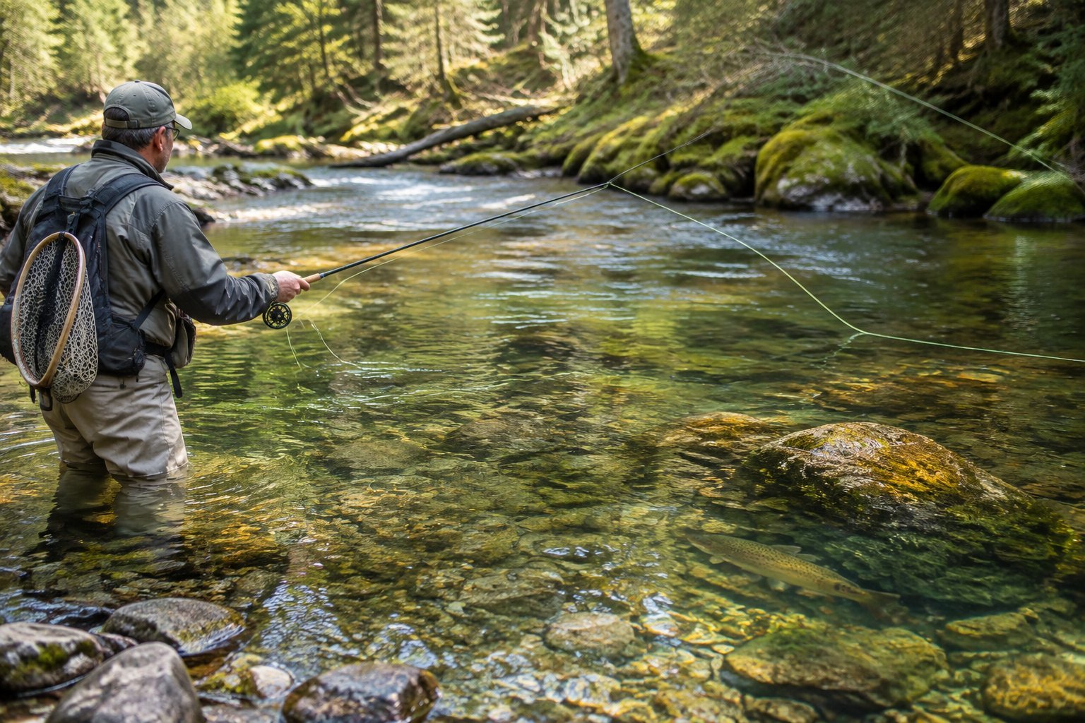 An angler quietly casts a fly in a clear mountain stream while a brown trout rests near the riverbed.