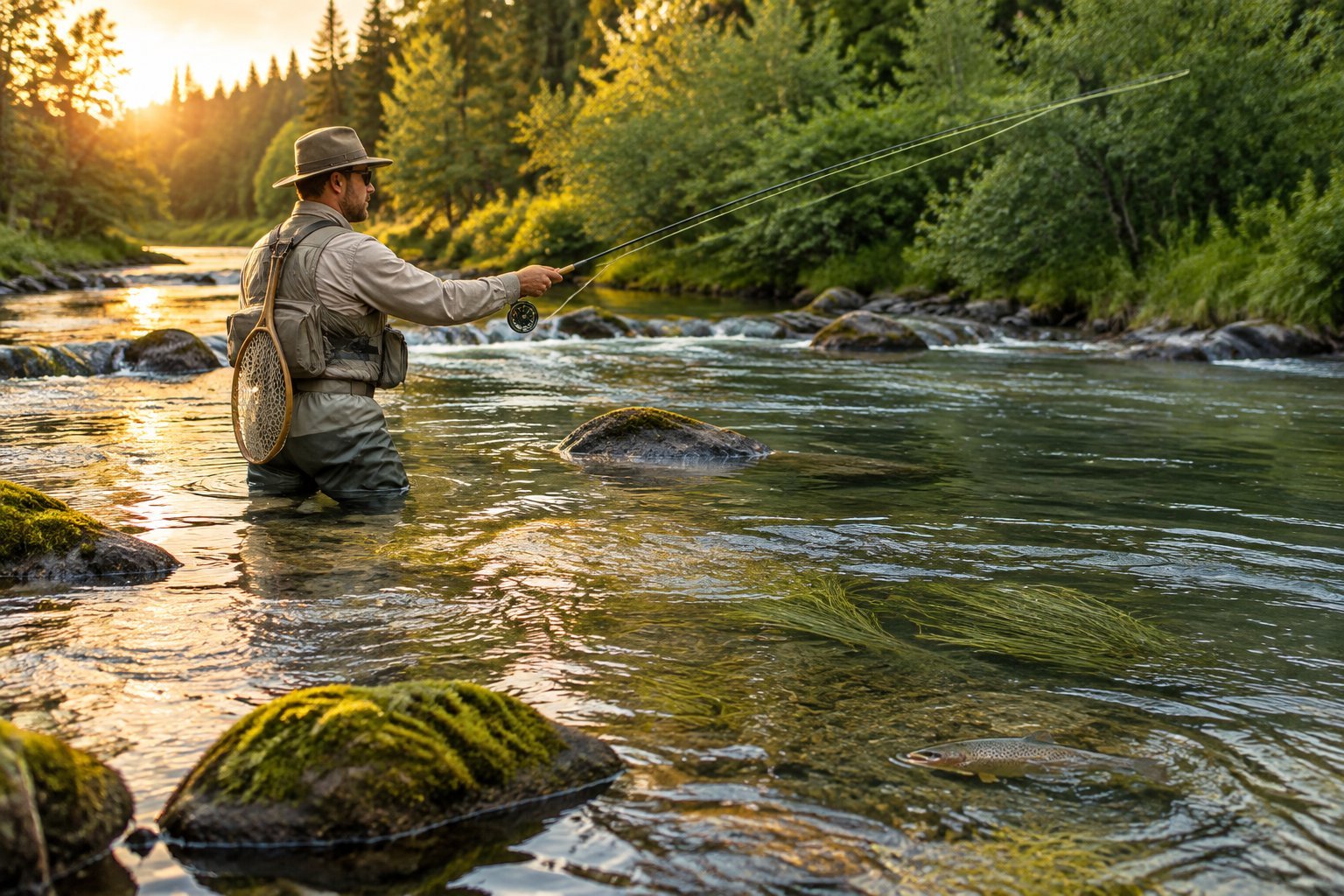 An angler fly-fishes for brown trout in a clear river during a warm evening.