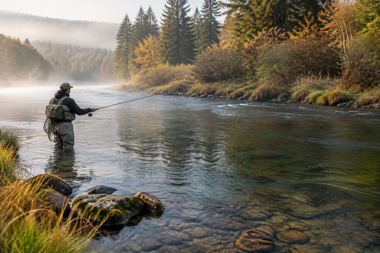 An angler fly-fishes in a clear river surrounded by wooded banks, with a brown trout visible near the water’s surface.