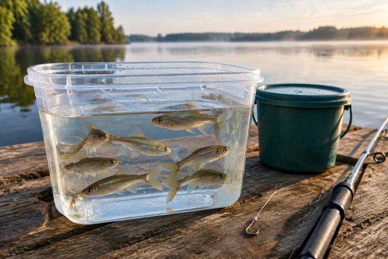 Small minnows swimming in a clear bait container beside fishing gear on a wooden dock.