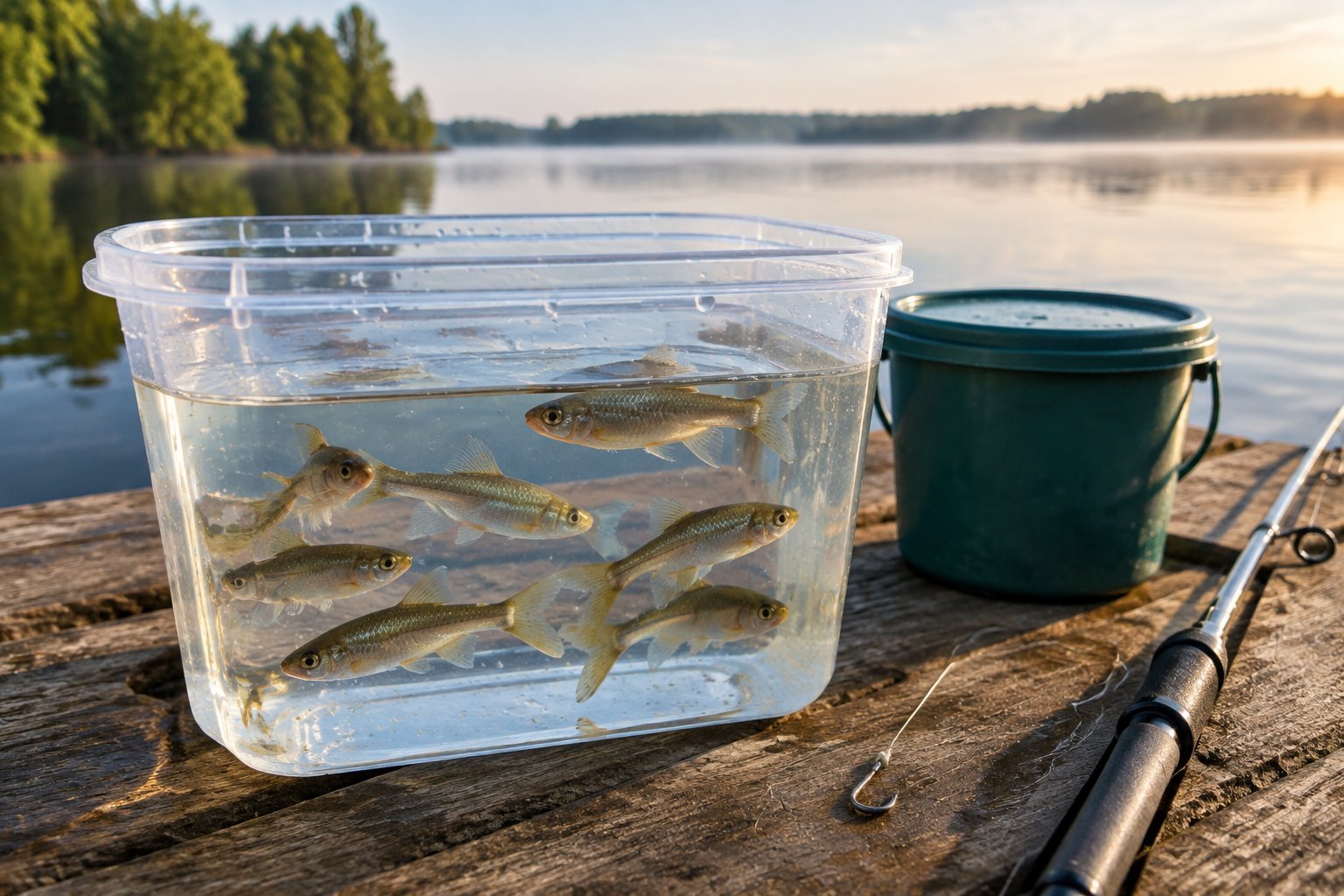 Small minnows swimming in a clear bait container beside fishing gear on a wooden dock.