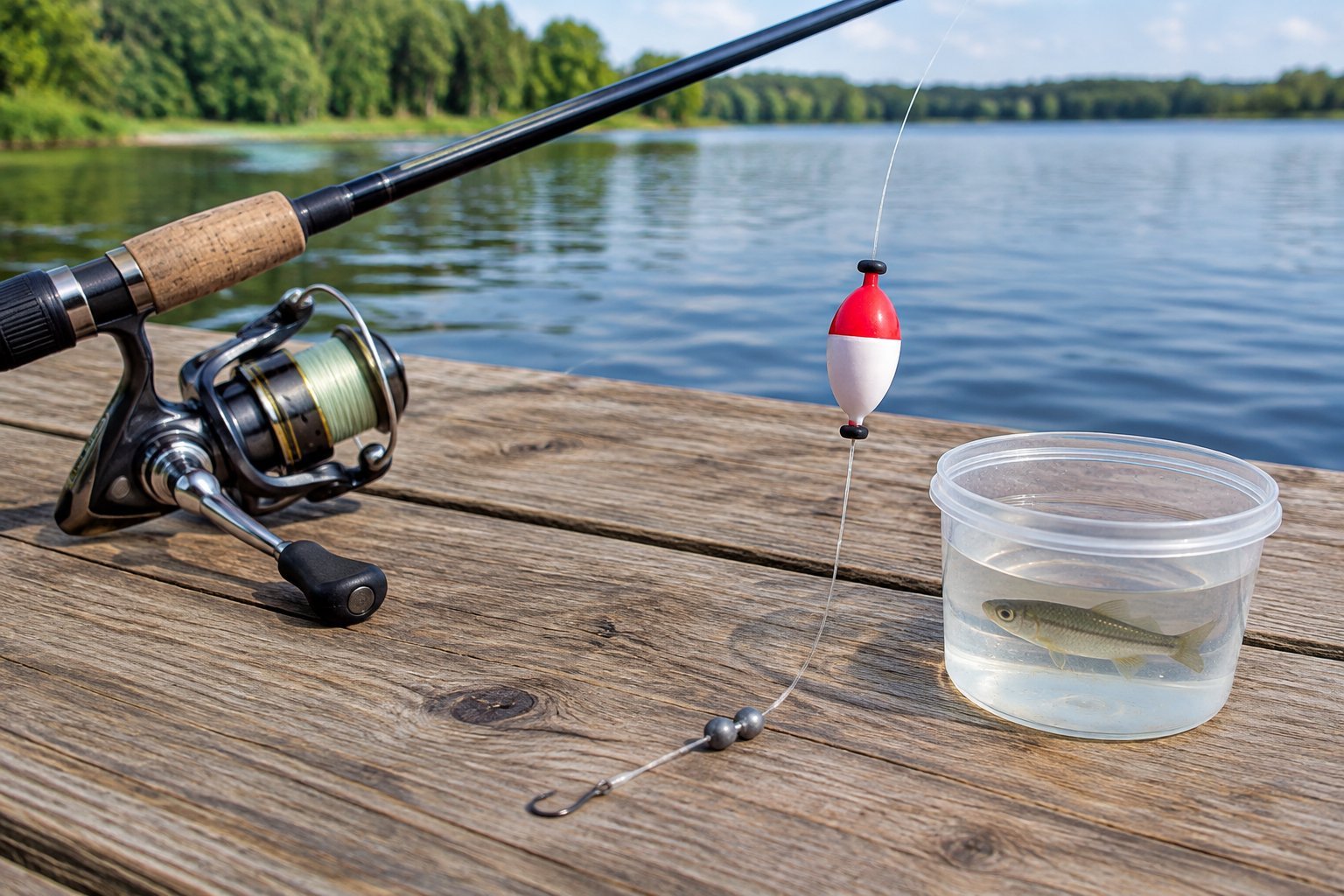 A simple slip-bobber fishing rig with a minnow, hook, weights, and fishing rod beside a calm lake.
