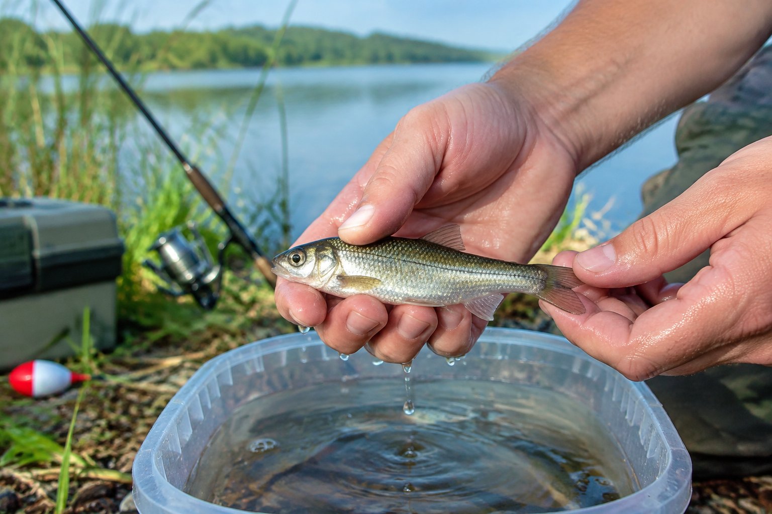 Hands gently hold a live minnow above a container of water beside a freshwater fishing spot.