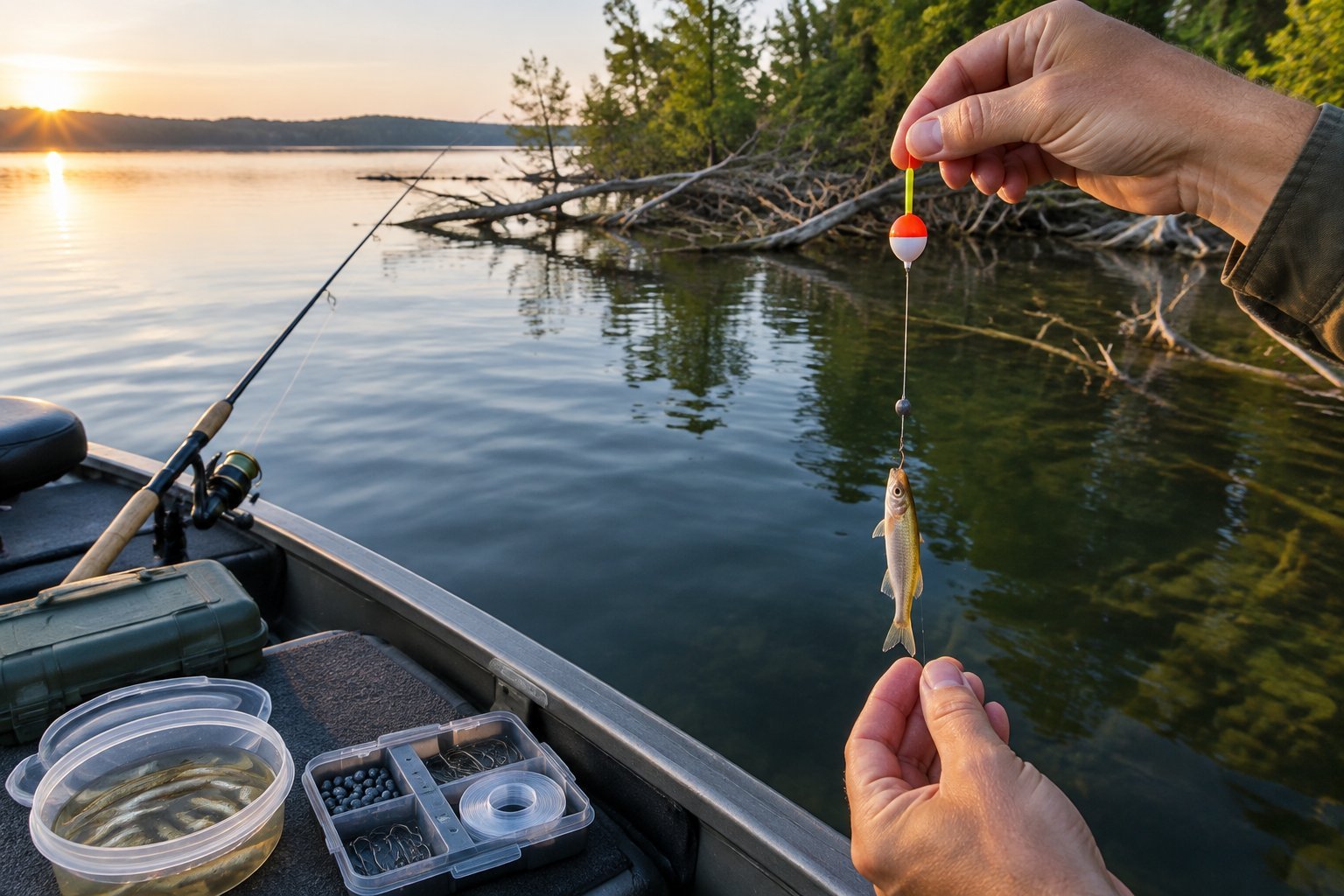 An angler presents a live minnow beneath a bobber near submerged cover from a small fishing boat.