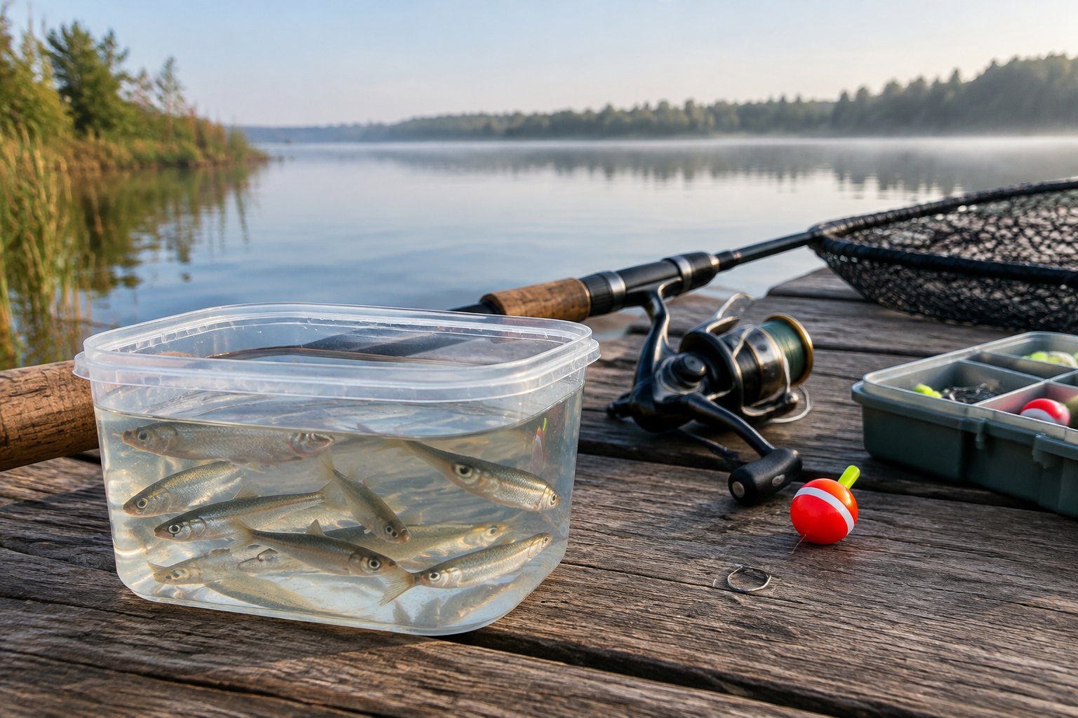 A container of live minnows beside crappie fishing gear on a dock overlooking a calm lake.