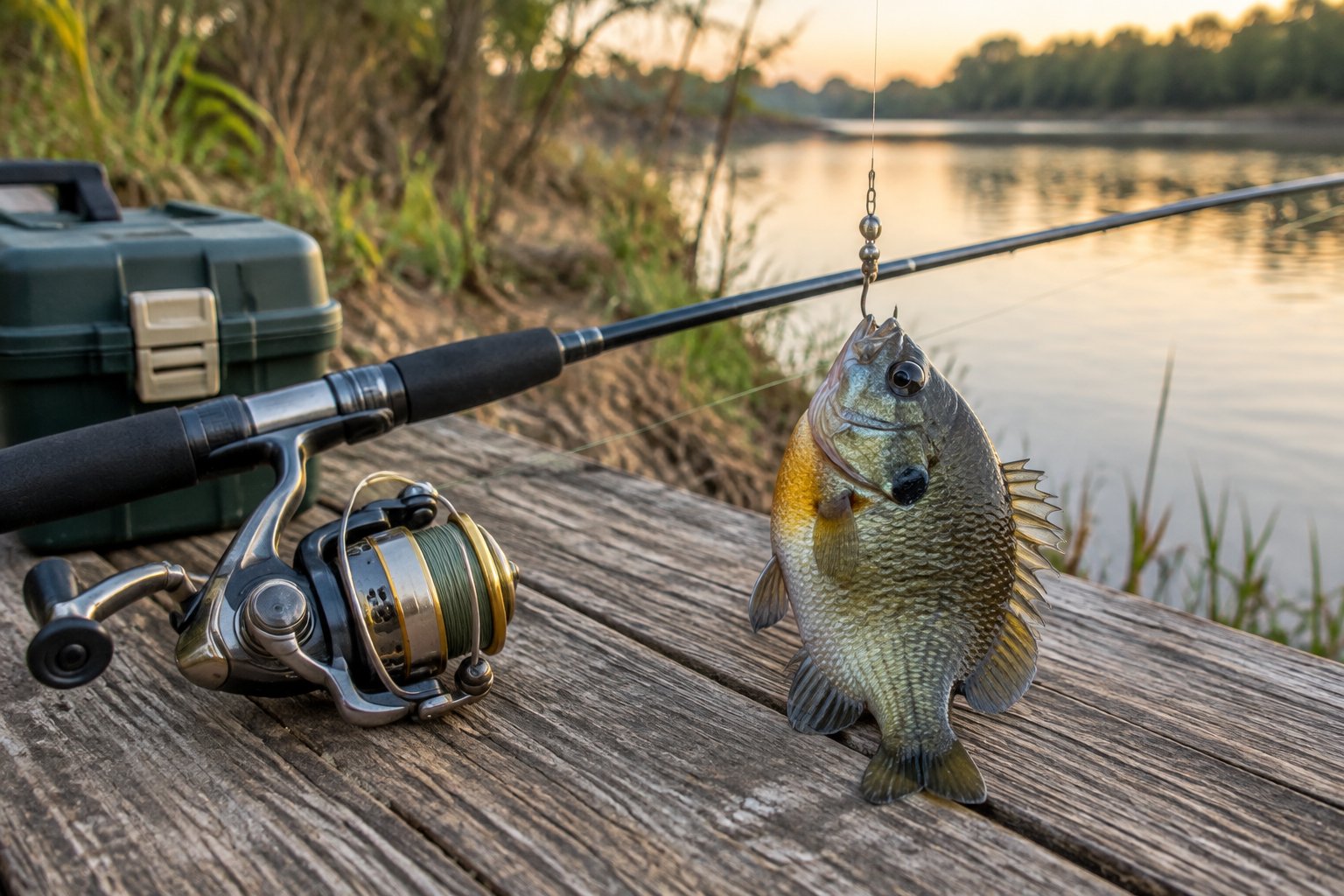 A live bluegill baitfish and fishing gear arranged on a wooden dock beside a calm river.