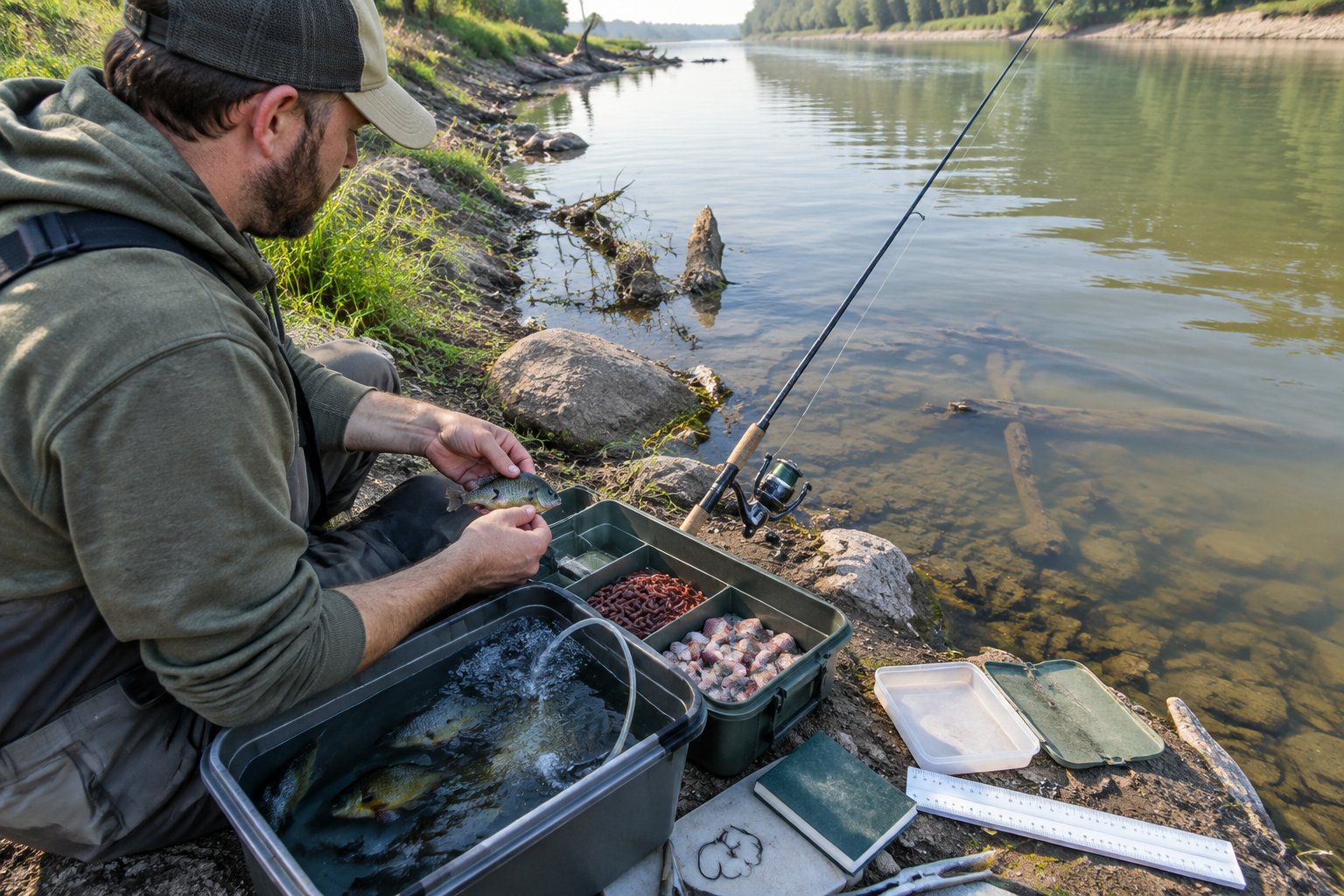 An angler selects legal bait beside a calm freshwater river while preparing to fish for flathead catfish.
