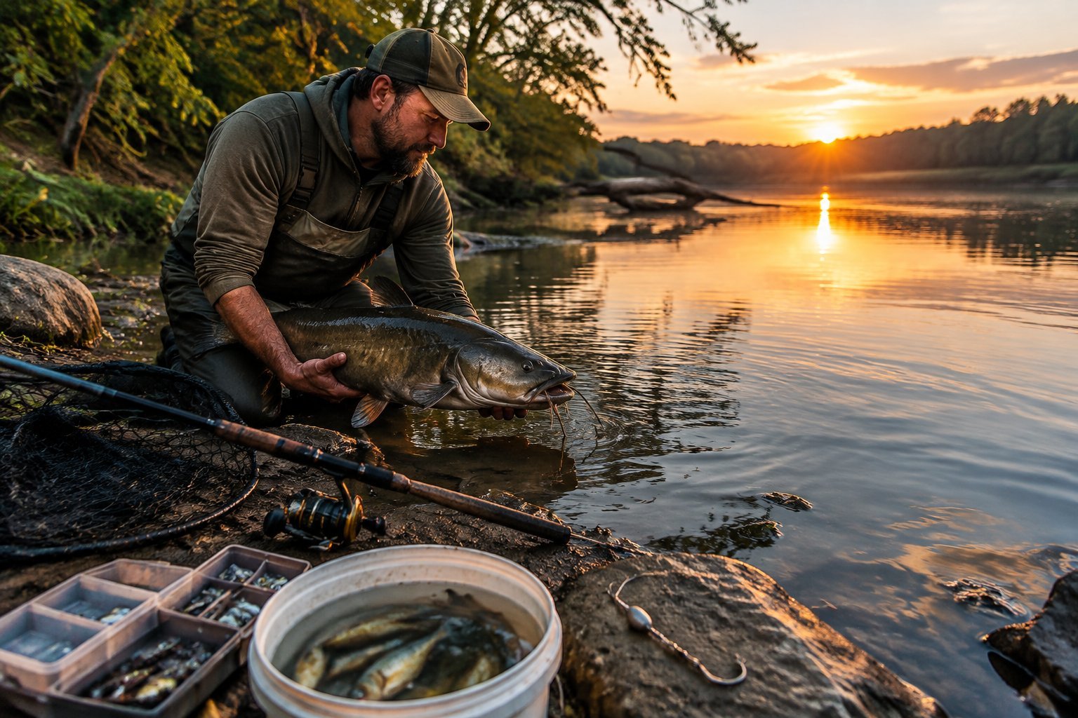 An angler prepares live bait and fishing gear beside a calm river at dusk.