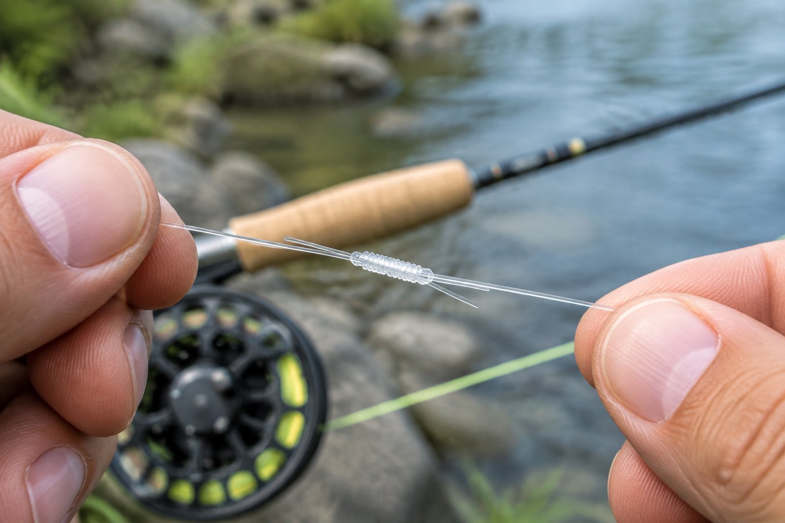 An angler ties a blood knot to join two sections of fishing line beside a river.