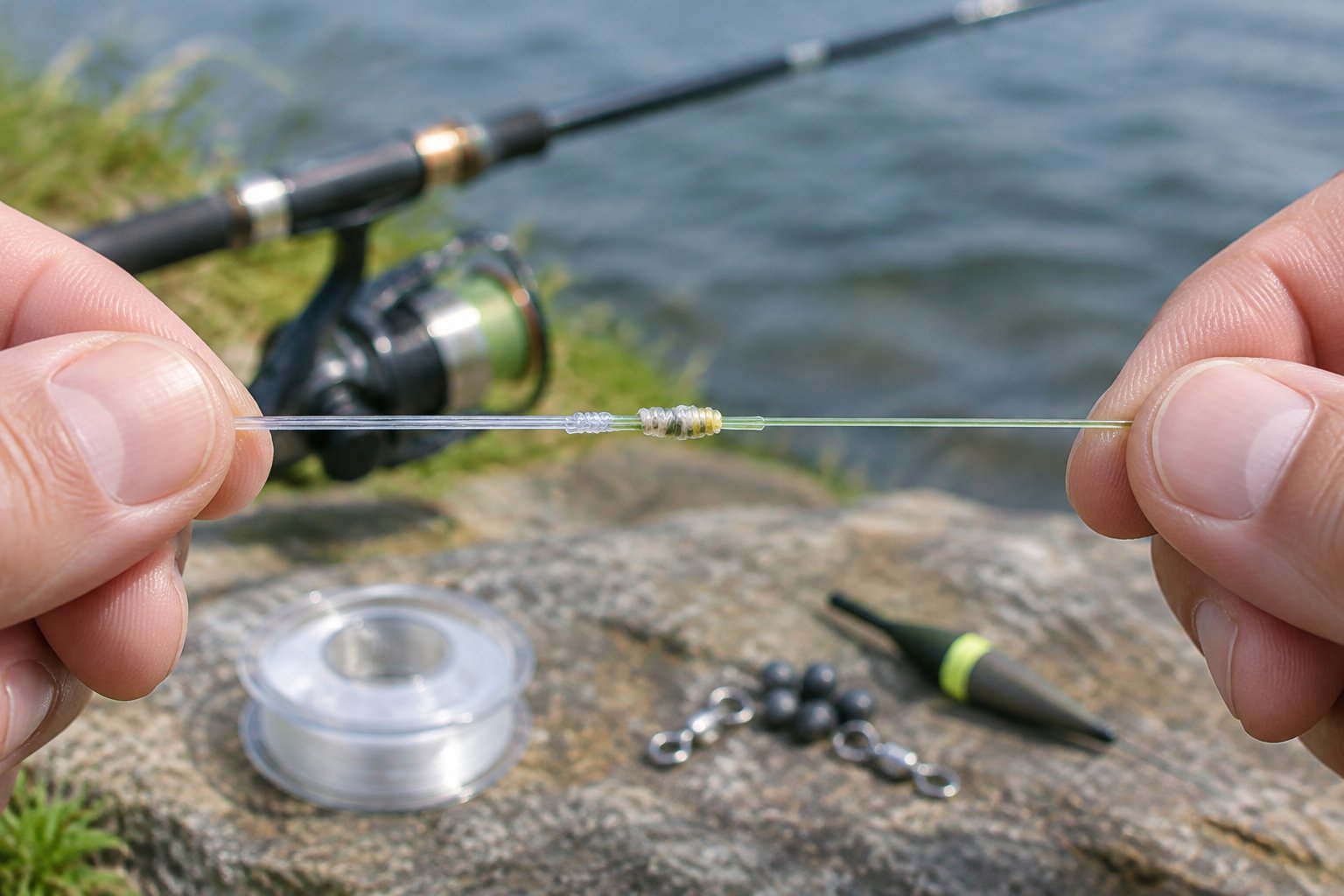 Close-up of hands tightening a smooth blood knot joining two fishing lines.