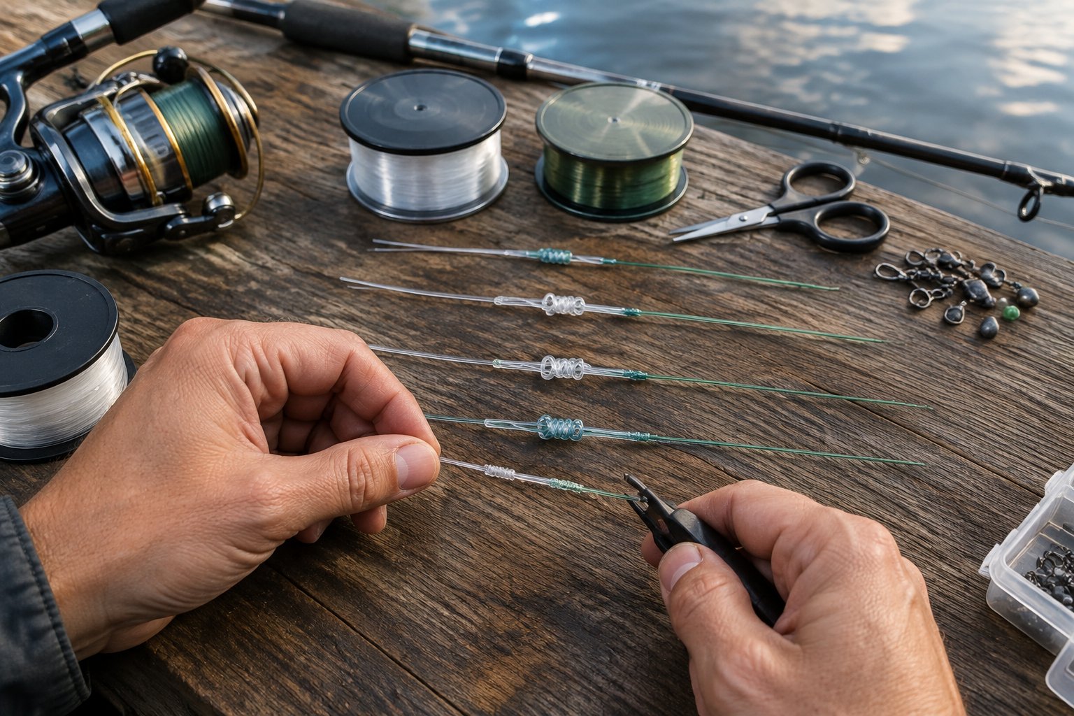 Hands compare and tie several fishing line knots beside fishing gear and calm water.