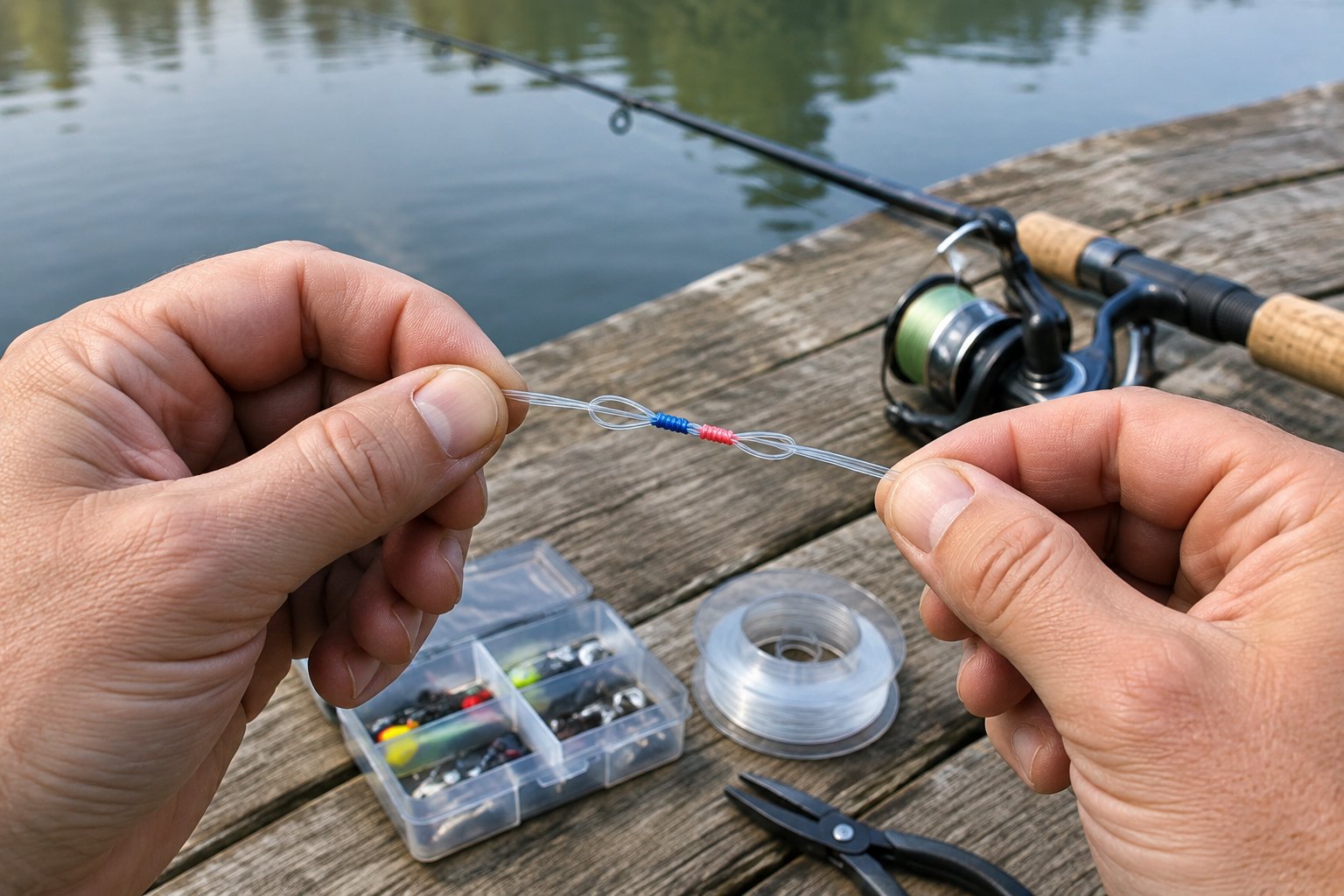 Angler’s hands tying a blood knot in fishing line beside a calm lake.