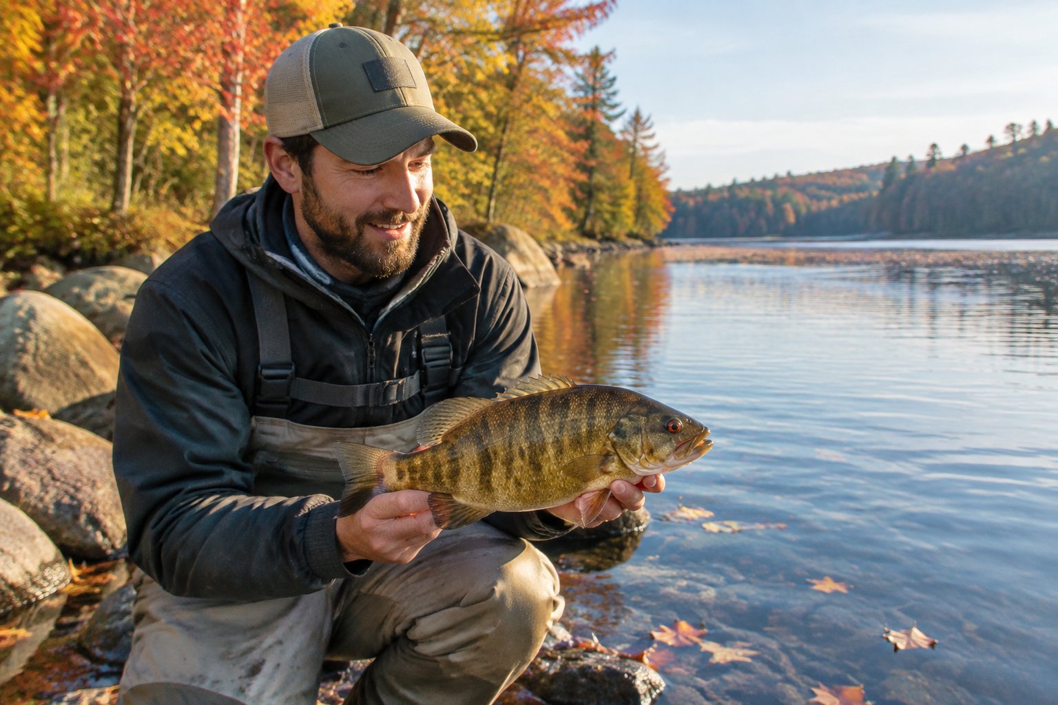 An angler holds a smallmouth bass beside a rocky autumn shoreline.
