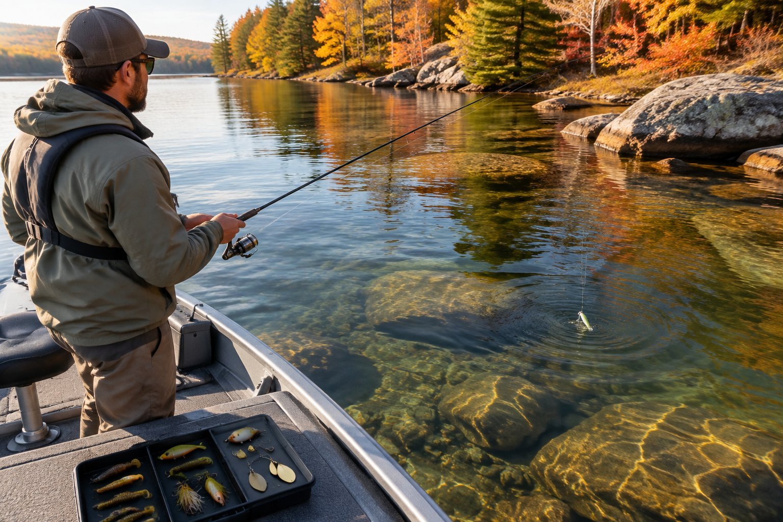 Angler using simple lures to fish for smallmouth bass from a boat on an autumn river.