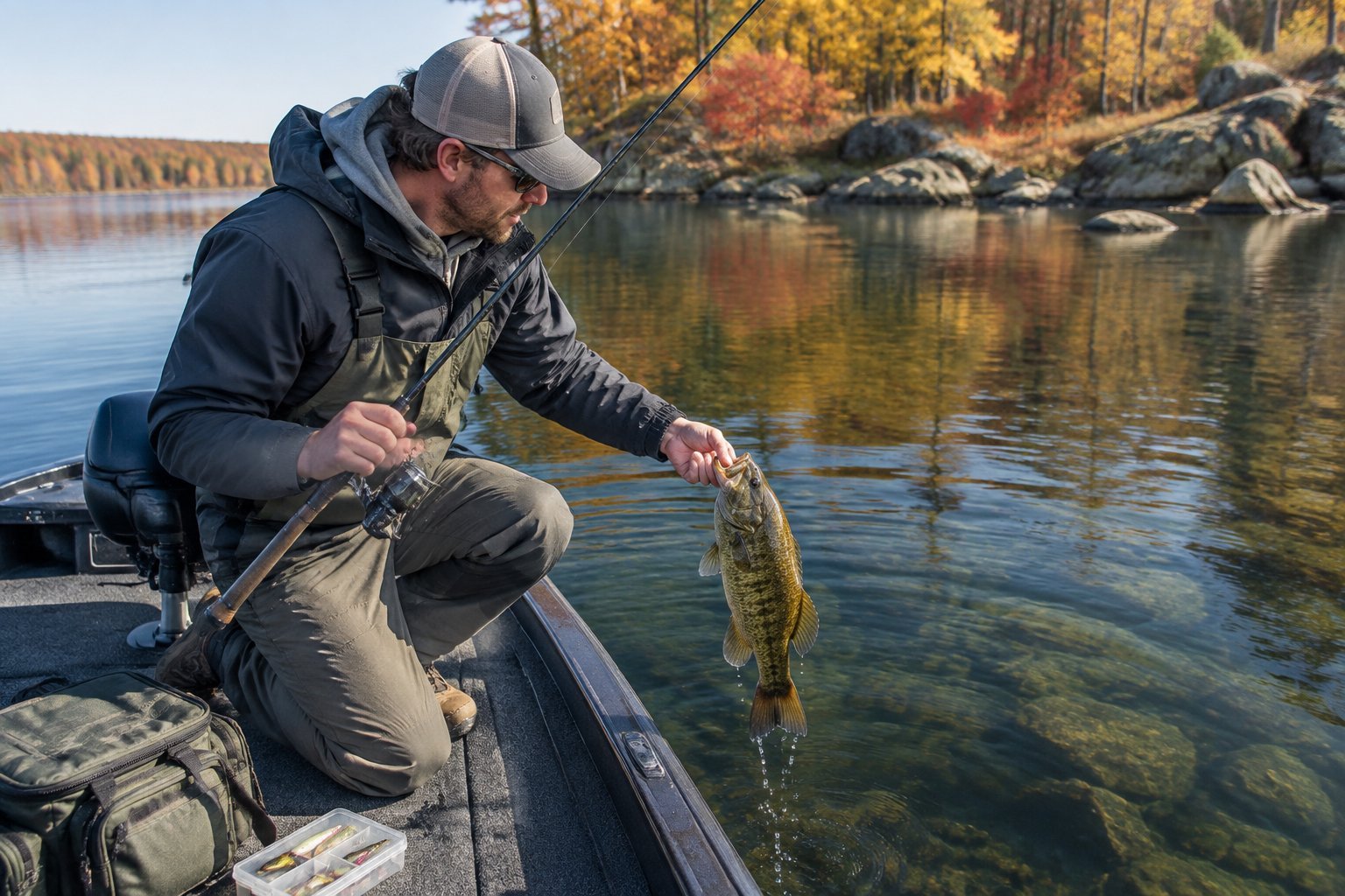 An angler catches a smallmouth bass from a boat on a rocky autumn river with fall foliage along the shore.