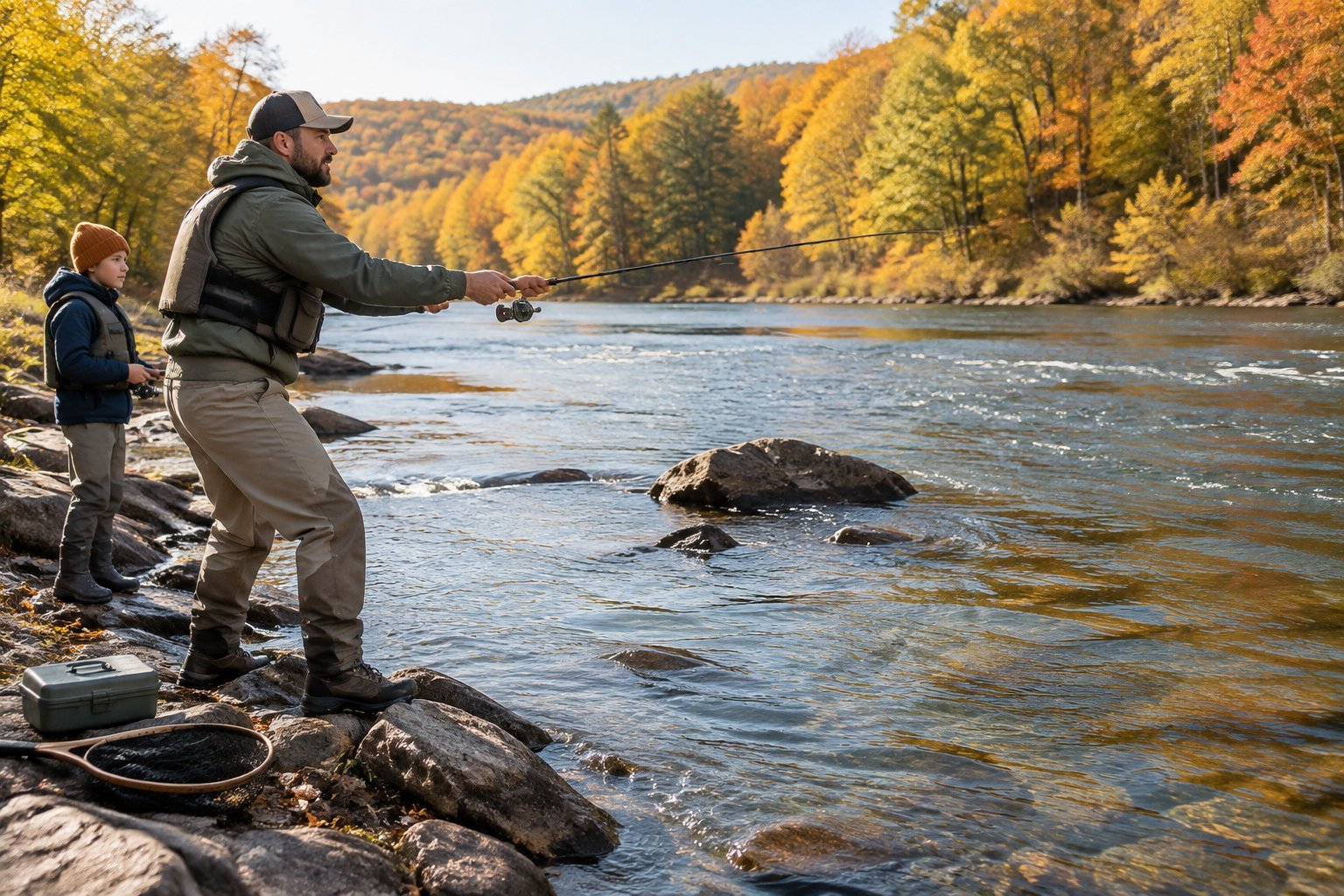 An adult and child fish for smallmouth bass from a rocky riverbank surrounded by colorful autumn trees.