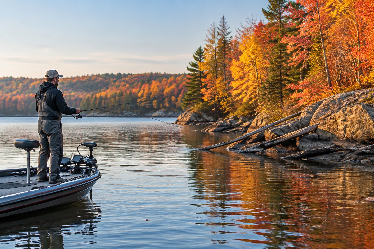 An angler fishes for smallmouth bass from a boat on a calm lake surrounded by colorful autumn trees.