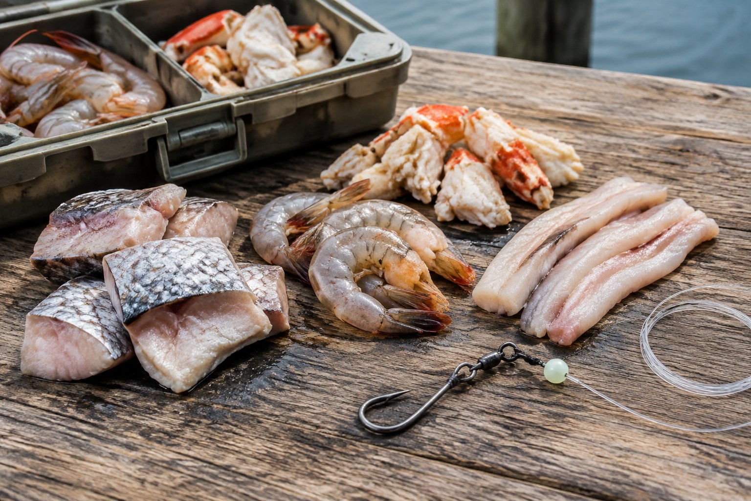 Red drum fishing bait arranged beside a hook and fishing tackle on a wooden surface.