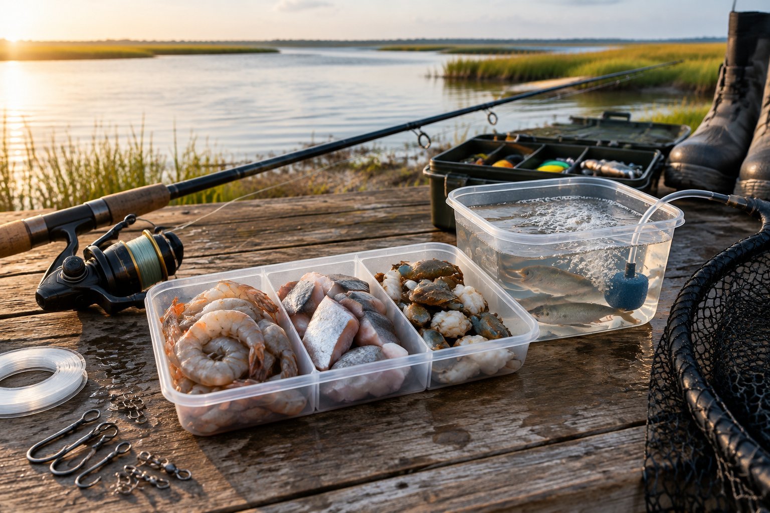 Fishing bait options and tackle arranged beside a coastal shoreline.
