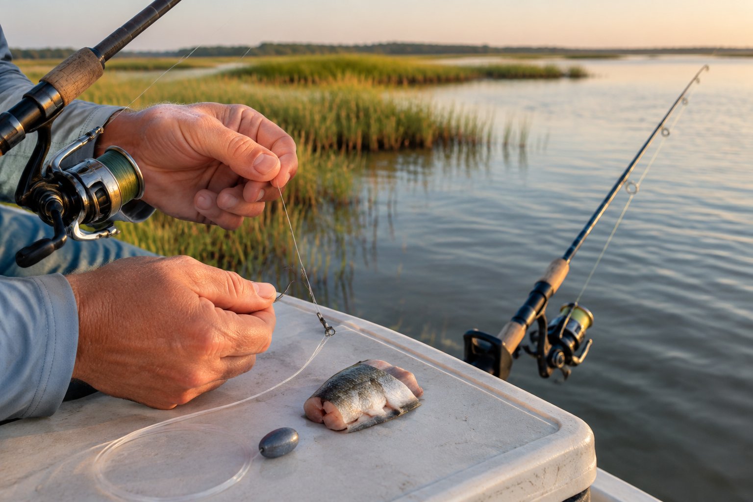 An angler prepares a simple bait rig beside a coastal marsh while a fishing rod points toward shallow water.