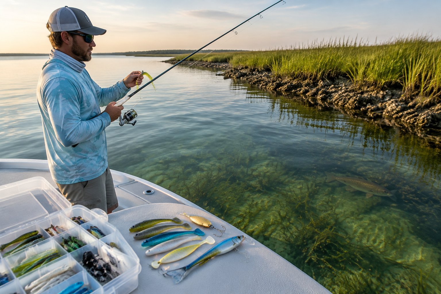 An angler selects artificial lures from a tackle box while fishing for red drum near a coastal marsh.