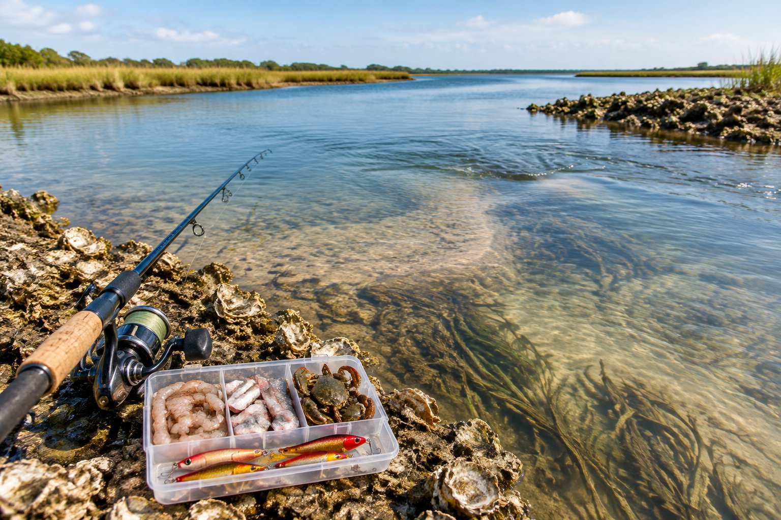 Fishing bait and lures arranged beside a shallow coastal creek with sandy and oyster-covered habitat.