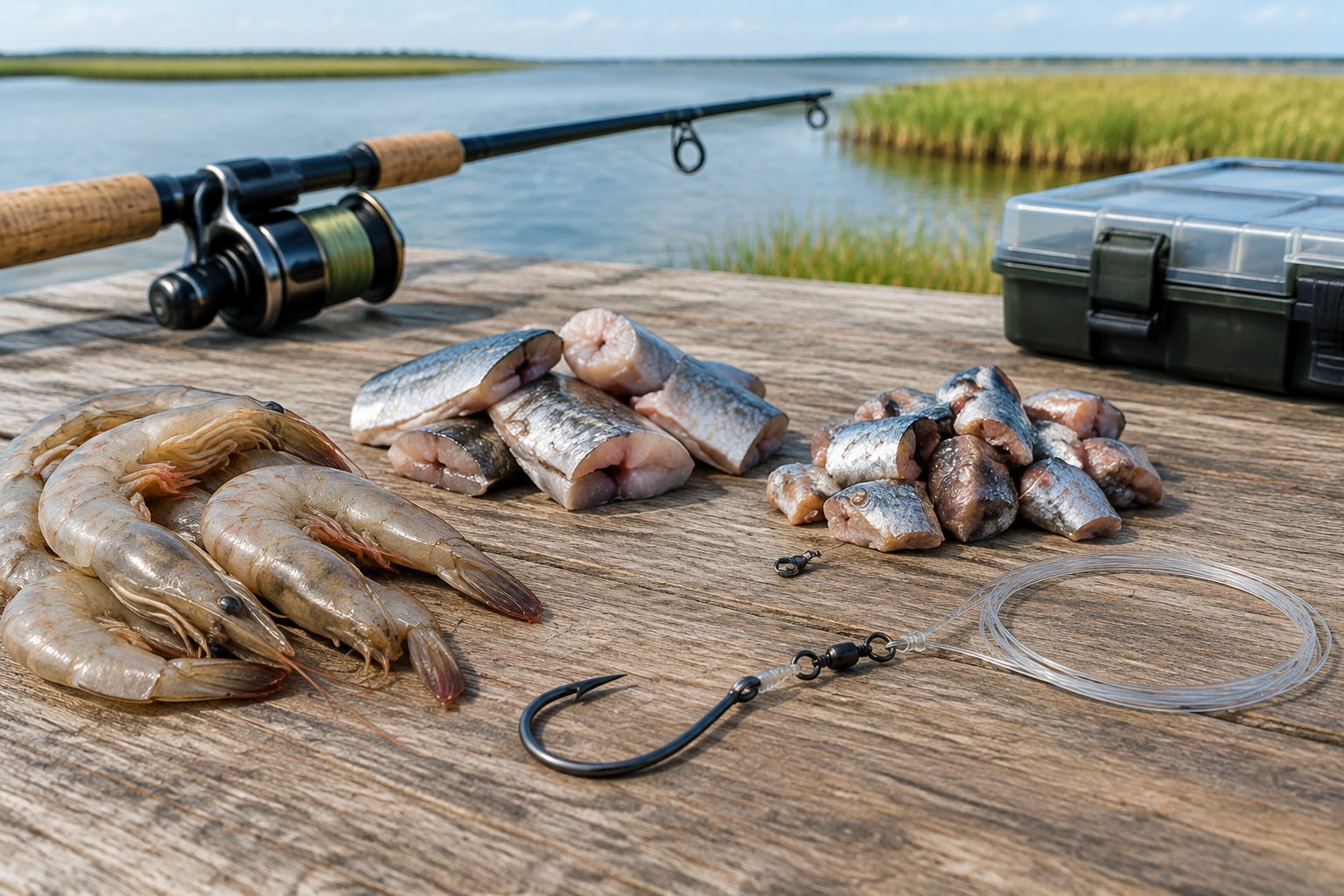 Fishing bait, a circle hook, and tackle arranged on a dock beside calm coastal water.