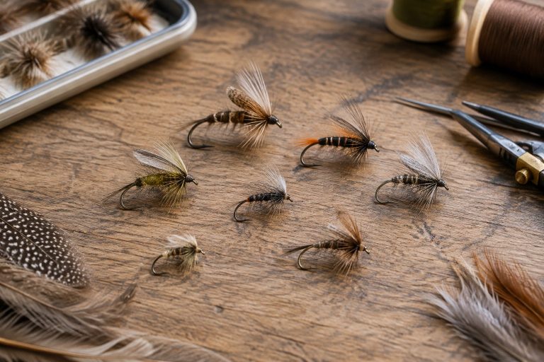 A selection of handmade grayling fishing flies arranged on a wooden workbench with fly-tying tools.