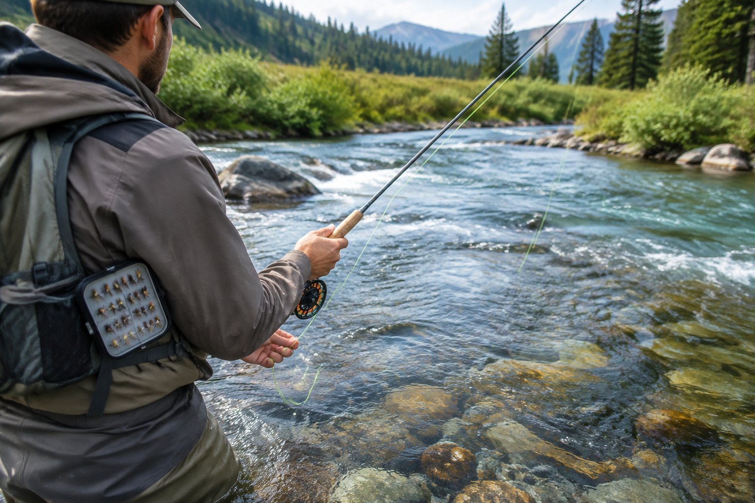 Angler fly-fishing for grayling in a clear mountain river with flies visible on a small fly box.