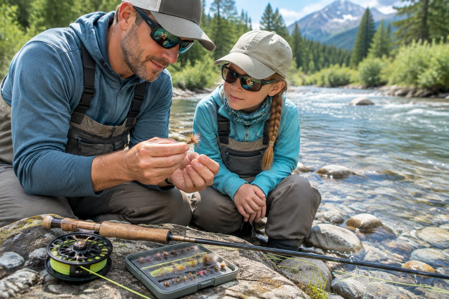 An adult and child explore grayling fishing flies beside a clear river.