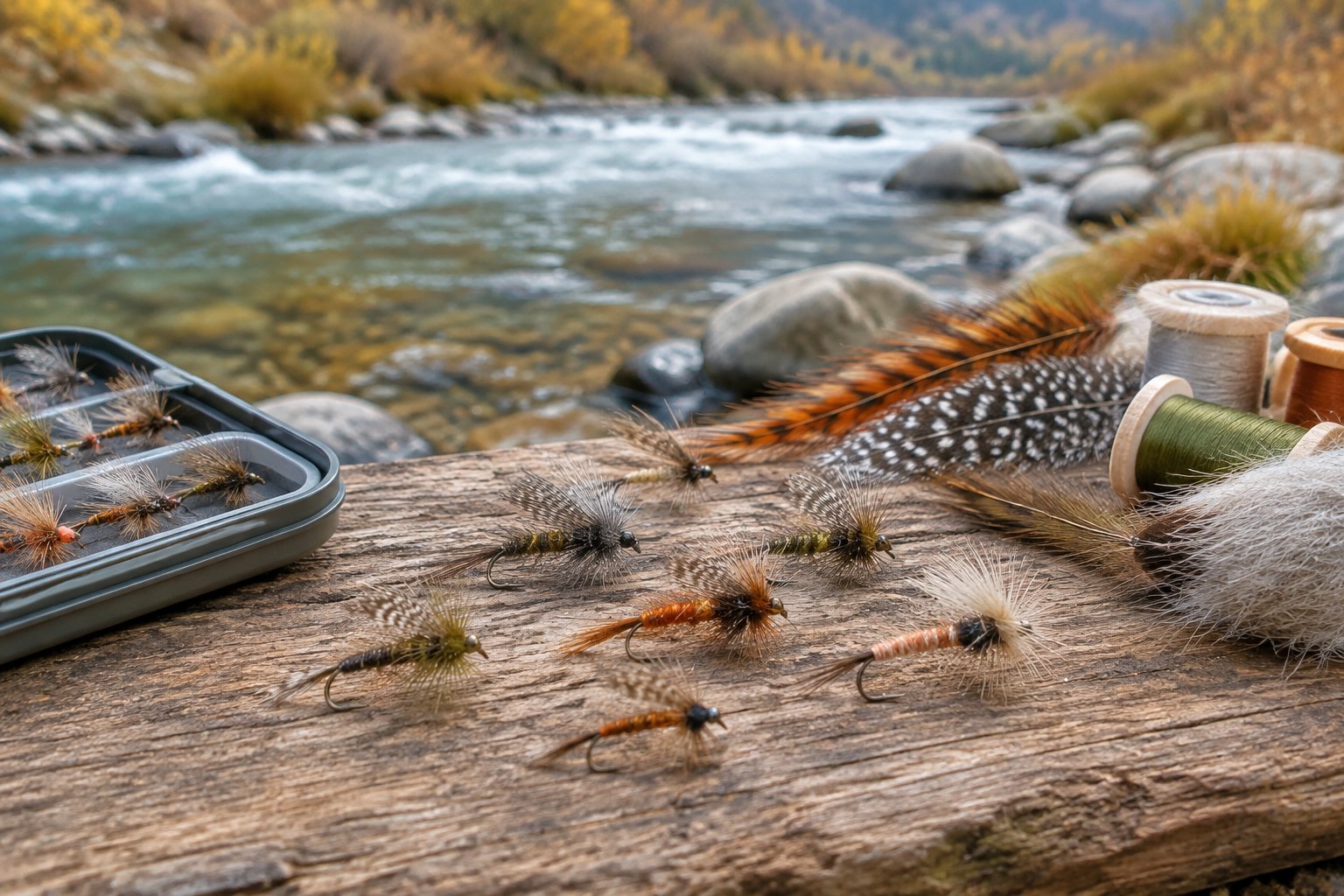 A selection of grayling fishing flies and fly-tying materials beside a clear river.