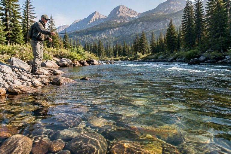 An angler casts a fishing rod over a clear mountain stream where a trout swims.